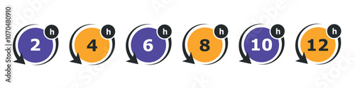 2, 4, 6, 8, 10, and 12  hours icon. Service hours, delivery time and business clock.