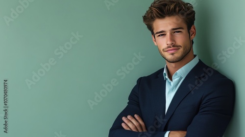 Confident Man in Blue Suit Leaning Against a Wall