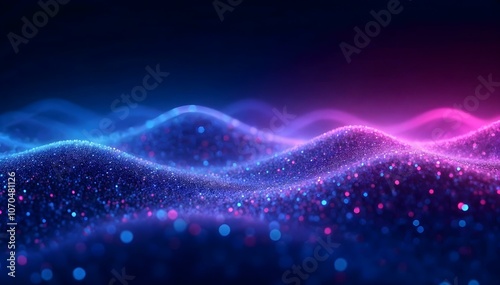 Abstract digital landscape with neon blue and pink glowing particles, forming flowing waves of light and data.