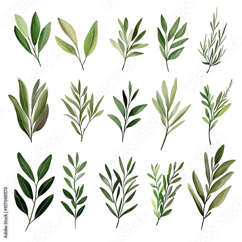 Watercolor Green Leaves Clipart Illustration Set.