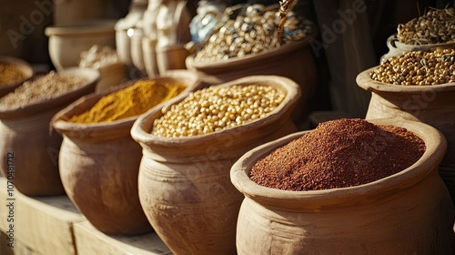 Arabic spices displayed in clay pots in a Dubai market. Copy space