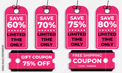 Set of coupons, tickets, gifts, discount coupons, color pink, black. Coupon card element vector template for graphic design. Illustration