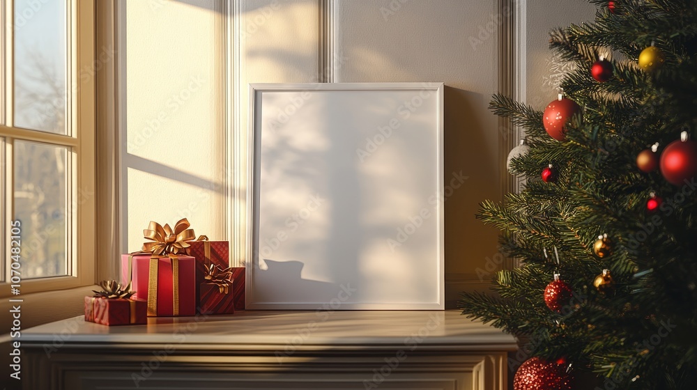 Hyper-realistic full-body view of a white 3:4 frame with white canvas on dresser adorned with Christmas decorations in sunlight, featuring festive and vibrant colors. Hyper-realistic full-body view of a white 3:4 frame with white canvas on dresser adorned with Christmas decorations in sunlight, featuring festive and vibrant colors.