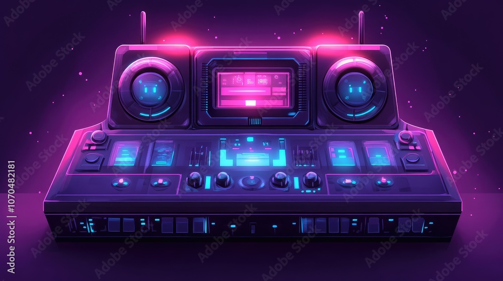 Fototapeta premium Retro Futuristic Audio Mixer with Neon Lights