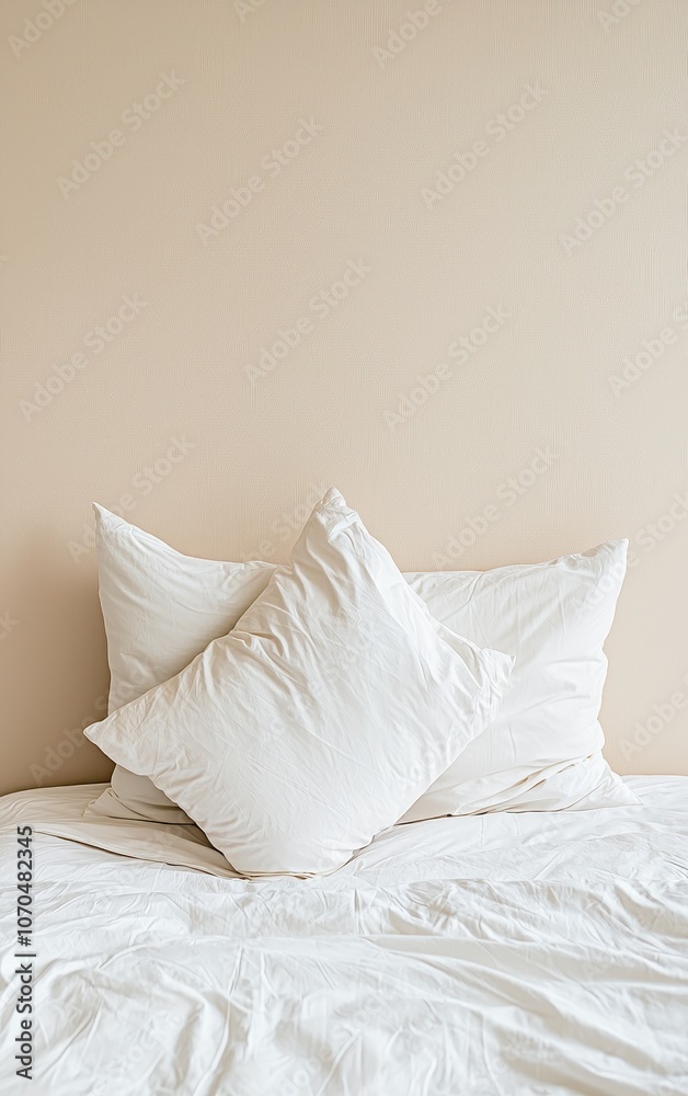 White pillows on a neatly made bed against a soft beige wall. White pillows on a neatly made bed against a soft beige wall.