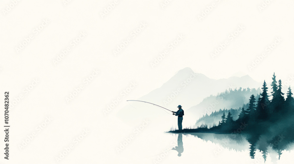 Green watercolor painting of a fisherman in a stream making a cast Green watercolor painting of a fisherman in a stream making a cast
