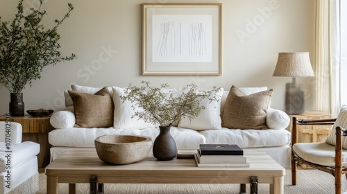 Elegant living room with minimalist line art in a stylish frame on a tastefully arranged coffee table, bright ambiance enhancing the sophisticated decor.