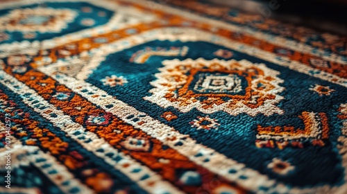 Arabic-inspired carpet with intricate geometric designs. Copy space