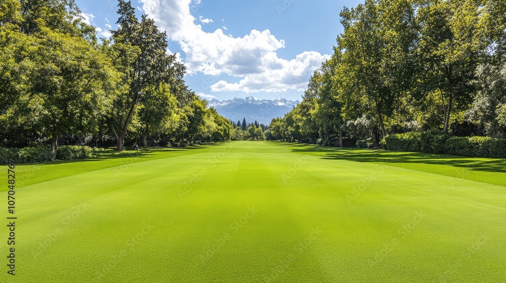 Fototapeta premium Lush Green Golf Course Under Clear Blue Sky