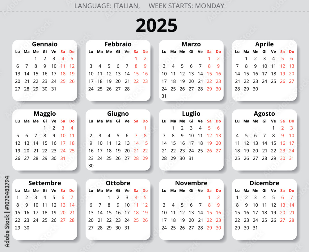 2025 year calendar. Italian language. With 12 months. Vector illustration for Italy 2025 year calendar. Italian language. With 12 months. Vector illustration for Italy