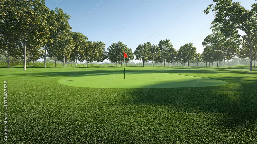 Serene Golf Course with Greenery and Red Flag Serene Golf Course with Greenery and Red Flag