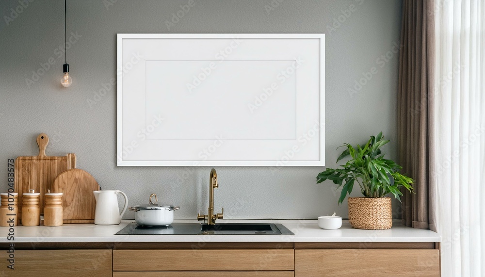 Blank poster frame mockup on kitchen wall in modern interior design. 3D Rendering Blank poster frame mockup on kitchen wall in modern interior design. 3D Rendering