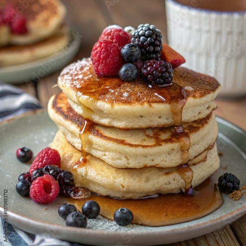 Fluffy buttermilk pancakes stacked high with berries and syrup on a rustic table. Generative AI