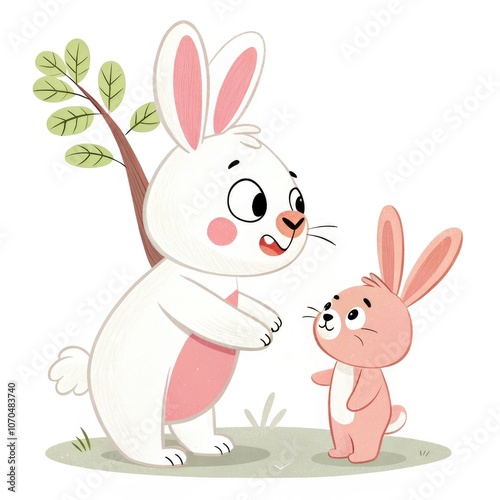 Cute pink and white rabbit meets friendly bear in a whimsical forest setting. Generative AI