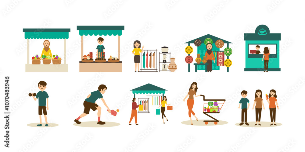 Fototapeta premium Everyday illustrations, tents selling clothes, food, vegetables, fruit, crafts, etc, Transparent Background