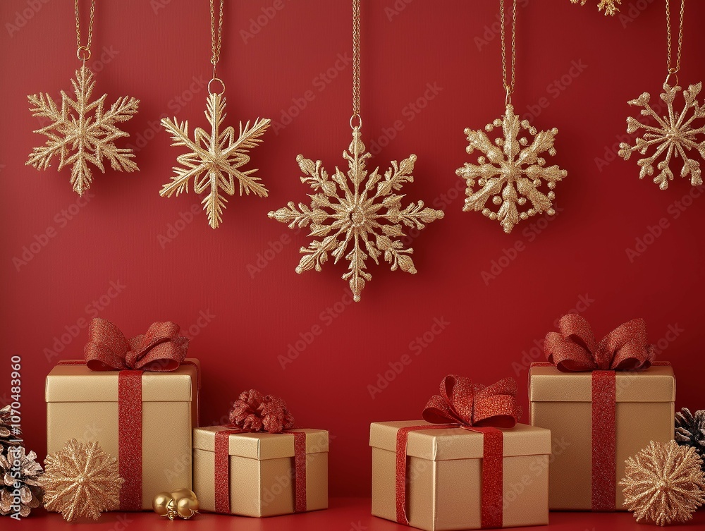 Elegant Minimalist Red Background with Golden Snowflakes Elegant Minimalist Red Background with Golden Snowflakes