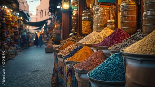 Colorful spices and dried herbs in the narrow streets of Marrakech.