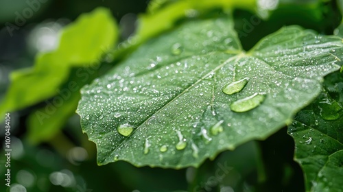 Close-up of a green leaf with water droplets.