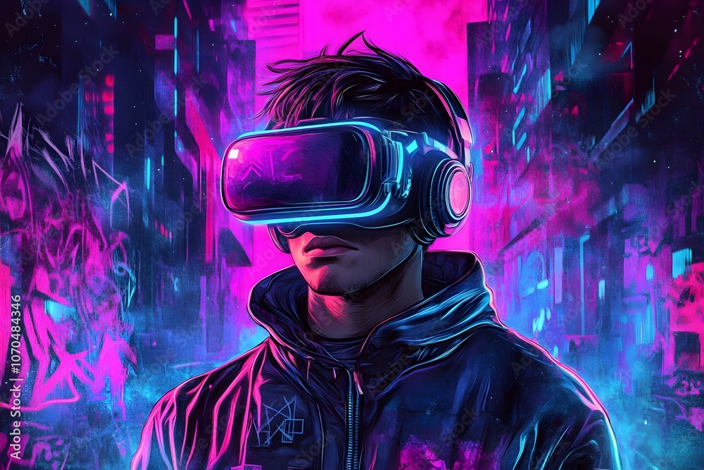 Excited man wearing vr helmet for space simulation and digital gaming.
Excited man wearing vr helmet for space simulation and digital gaming.