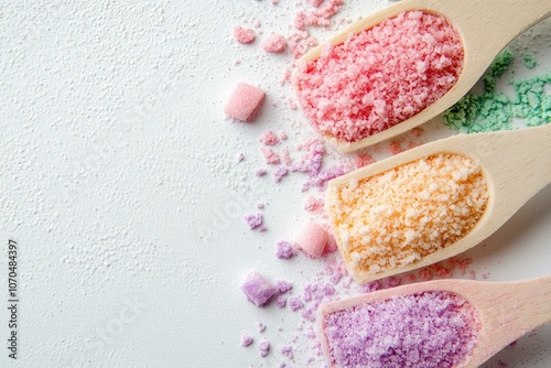 Close-up of colorful bath salts in wooden spoons on a white background