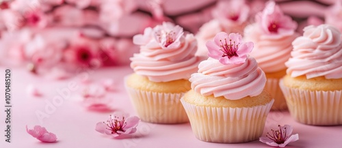 Cupcakes with pink cream on a pastel background.