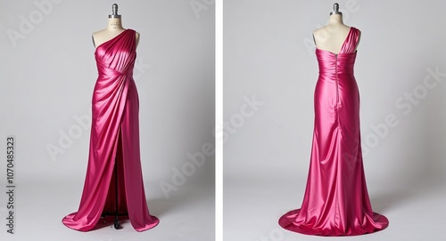 Pink satin one shoulder dress with draped bodice and slit display on plain white background