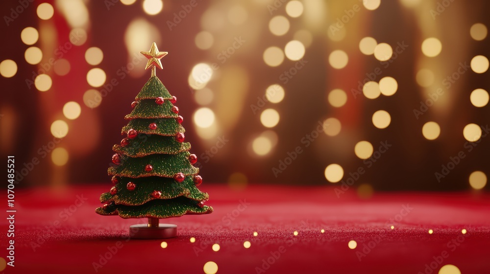 Small Decorated Christmas Tree on Red Background Small Decorated Christmas Tree on Red Background