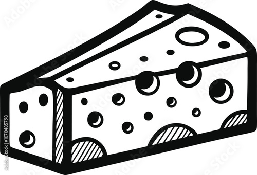 Black and white vector illustration of a piece of cheese in engraving style on transparent background