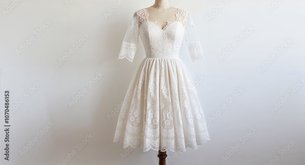White lace A line dress with sheer sleeves and ruffled skirt display on plain white background White lace A line dress with sheer sleeves and ruffled skirt display on plain white background