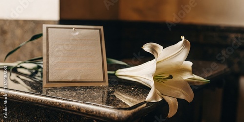 Elegant lily flower and condolence card resting on dark stone surface. Generative AI