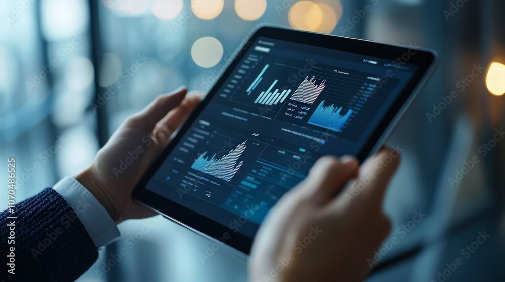 Young entrepreneur engaged with data dashboard graphs on a tablet, modern office setting, showcasing innovation and analytical skills in a professional atmosphere Young entrepreneur engaged with data dashboard graphs on a tablet, modern office setting, showcasing innovation and analytical skills in a professional atmosphere