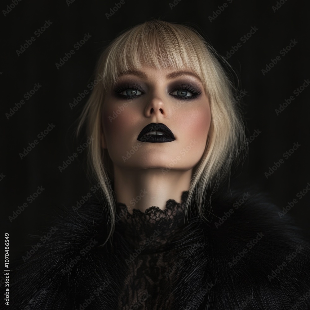A blonde woman in a black fur coat against a dark background A blonde woman in a black fur coat against a dark background