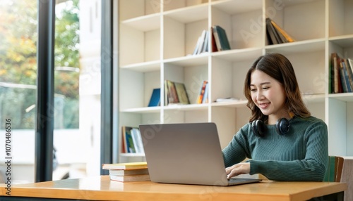 Young female student study in the school library.She using laptop 