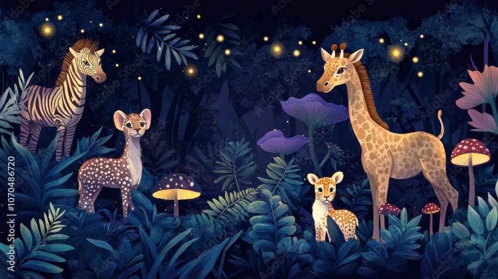 Fototapeta premium Baby animals exploring magical night forest with fireflies and mushrooms