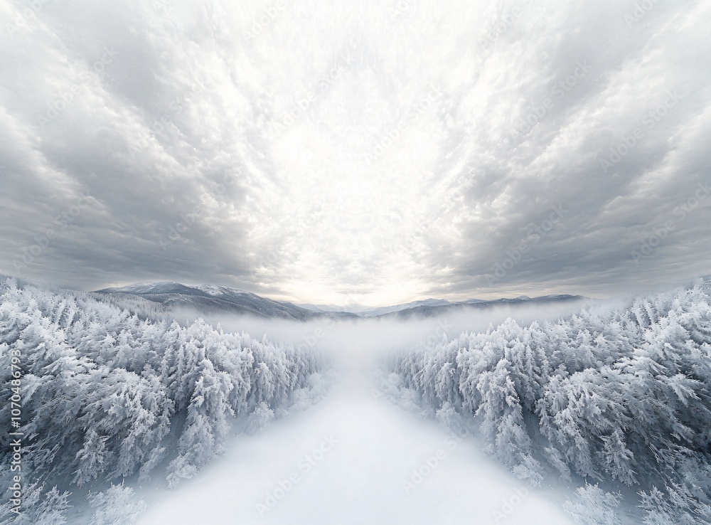 Obraz premium Snowy Forest Landscape with Misty Clouds