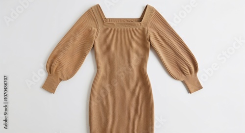 Beige knit midi dress with balloon sleeves and square neckline display on plain white background