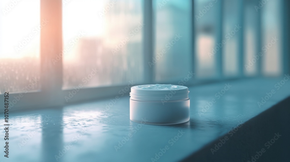 Frosted window background with an empty face cream jar in focus. Frosted window background with an empty face cream jar in focus.