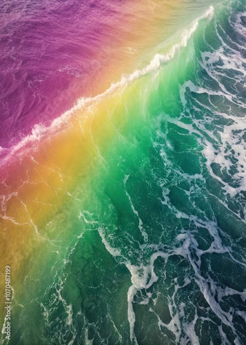 Beautiful multichrome ocean waves blending magenta purple yellow and green colors. Generative AI photo