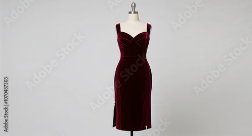 Burgundy velvet midi dress with side slit and sweetheart neckline display on plain white background