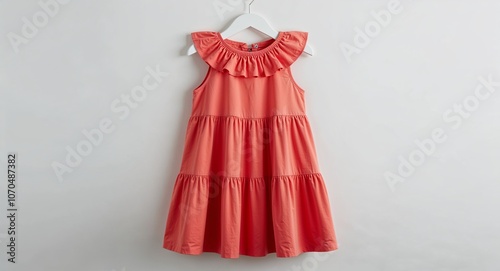 Wallpaper Mural Coral cotton dress with tiered skirt and ruffle neckline display on plain white background Torontodigital.ca