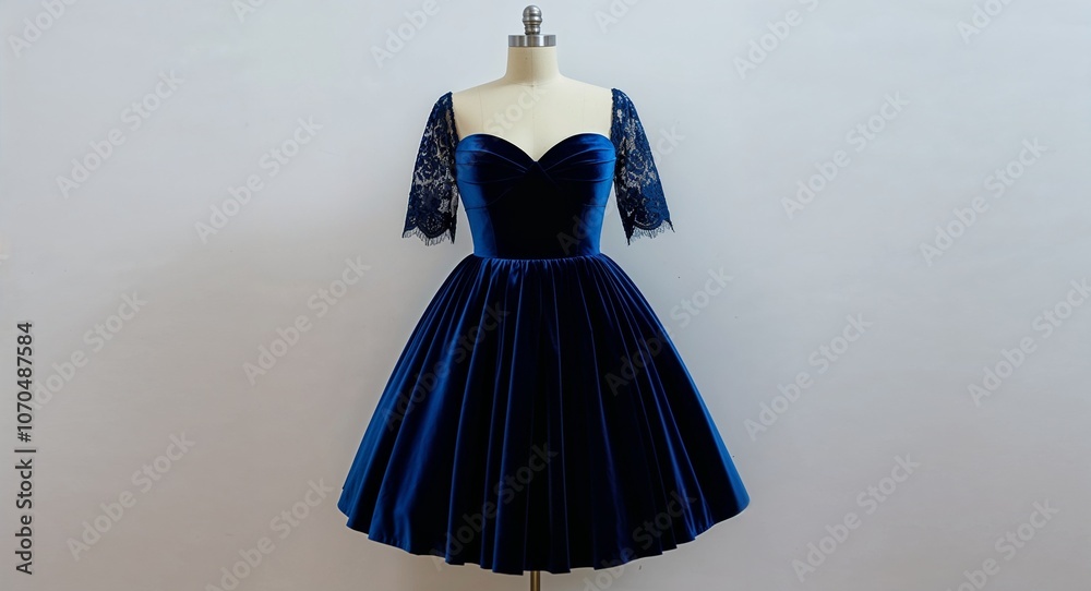 Dark blue velvet A line dress with sweetheart neckline and lace sleeves display on plain white background Dark blue velvet A line dress with sweetheart neckline and lace sleeves display on plain white background