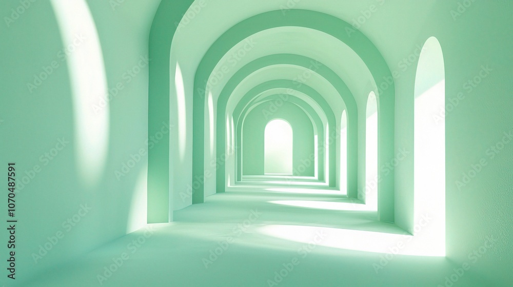 Serene Green Archway Corridor in 3D Perspective Serene Green Archway Corridor in 3D Perspective