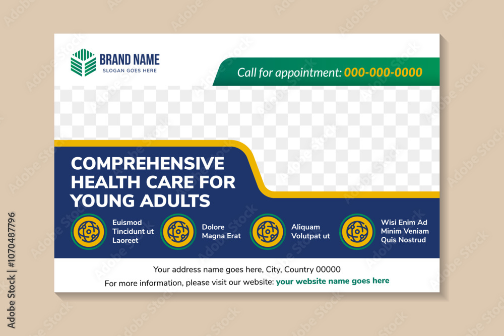 health Clinic Center Horizontal Banner with Copy Space. Consultation Flat Vector Illustration. space for photo collage with combination green, blue, and yellow colors element. white background. health Clinic Center Horizontal Banner with Copy Space. Consultation Flat Vector Illustration. space for photo collage with combination green, blue, and yellow colors element. white background.