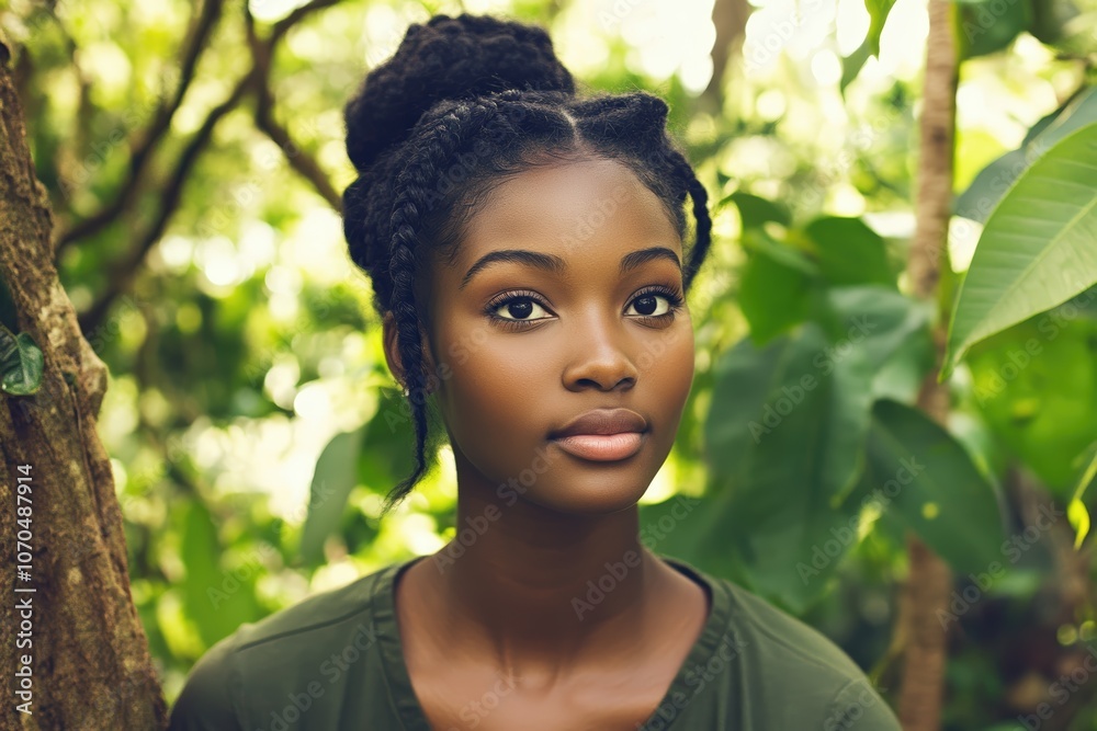 Portrait of a young woman in a vibrant green natural setting. Portrait of a young woman in a vibrant green natural setting.