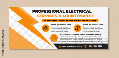 professional electrical services and maintenance social media post banner design template. vector illustration with space for photo. combination between orange and black elements and grey background.