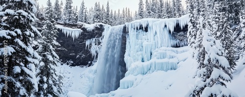 Scenic winter landscape with a frozen waterfall surrounded by snow-covered trees and frosty terrain.