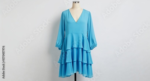 Light blue chiffon dress with layered hem and V neck display on plain white background