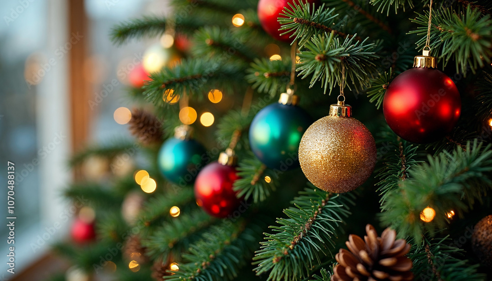 Fototapeta premium Christmas tree closeup background with fir branches, baubles and cones