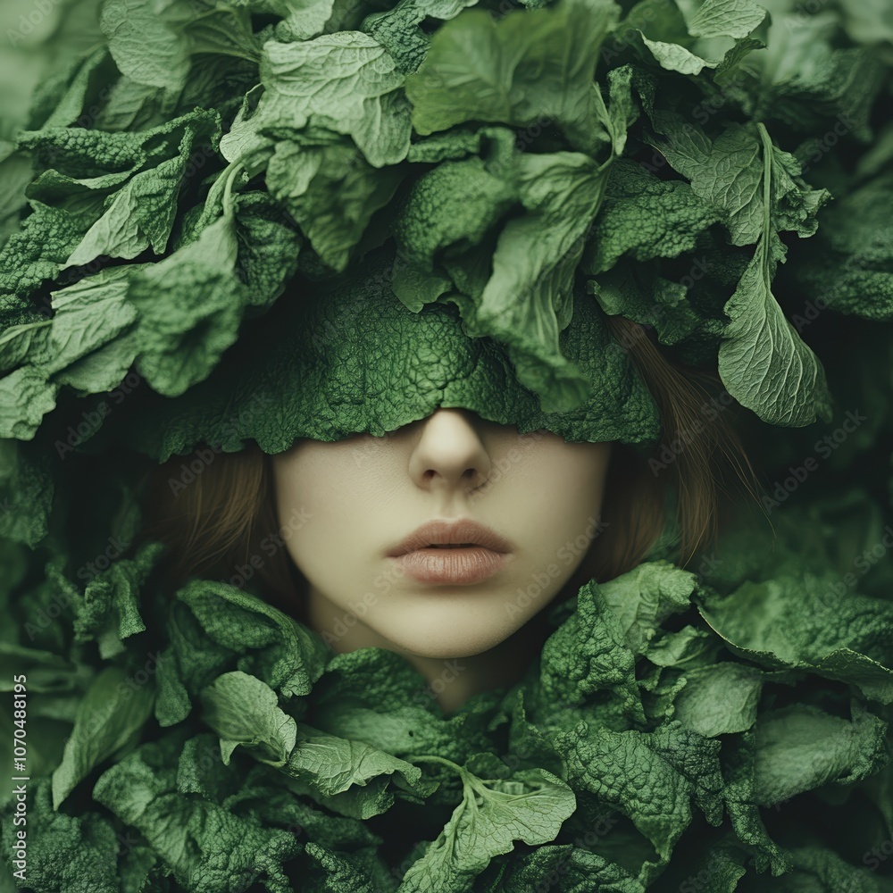 Woman covered in green leaves, symbolizing nature and sustainability. Woman covered in green leaves, symbolizing nature and sustainability.