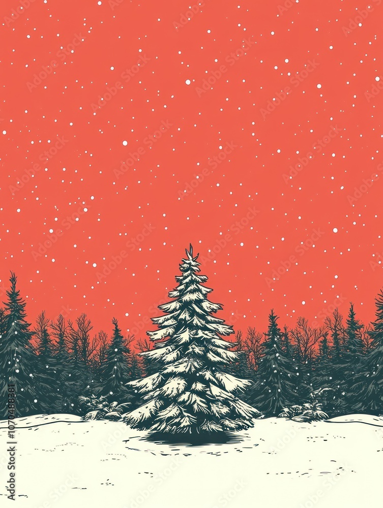 Naklejka premium Bright Christmas Tree in Snowy Forest with Red Sky